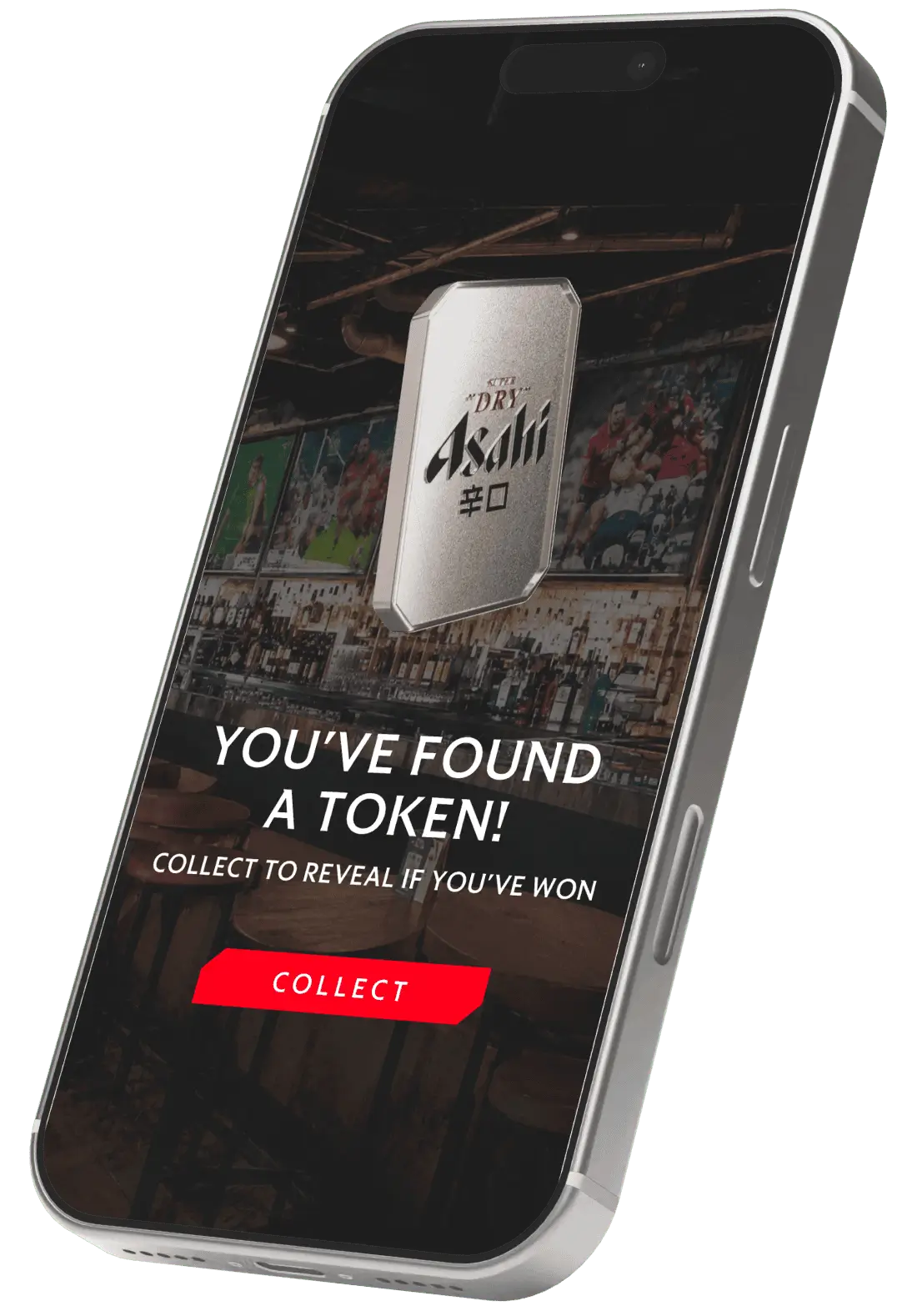 A phone mockup showing a user winning a digital token